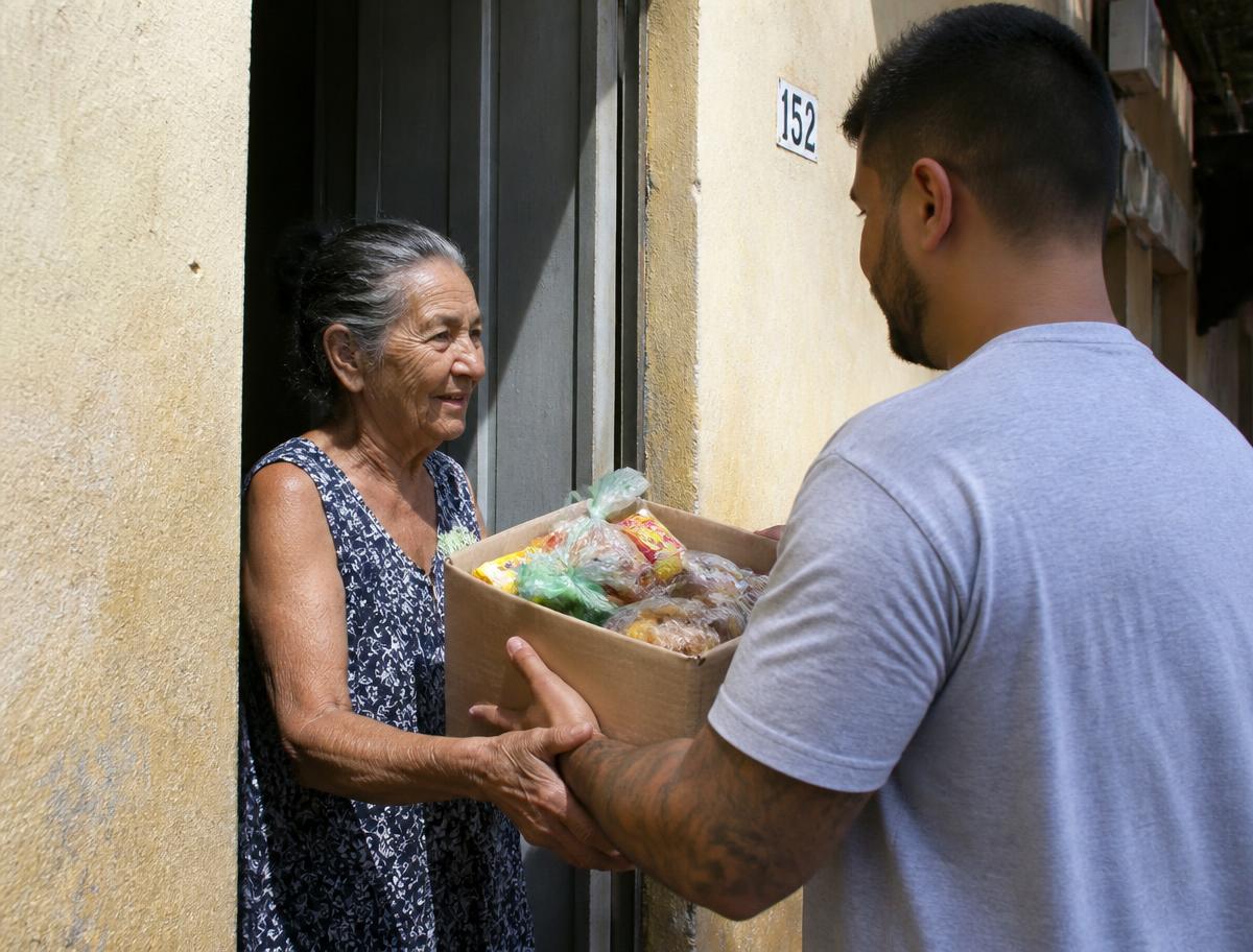 Senhora recebendo uma caixa de alimentos na porta de casa